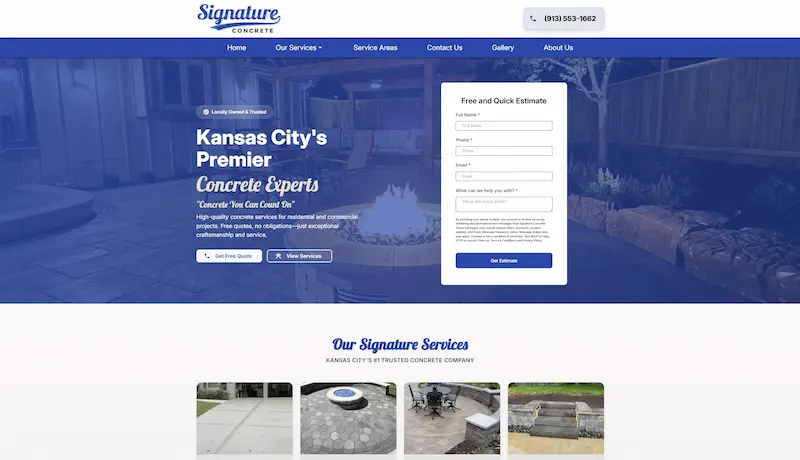 Screenshot of the Signature Concrete website homepage